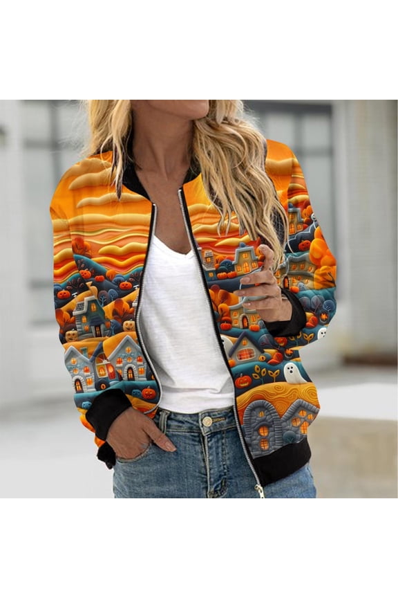 Womens Halloween Bomber Jacket Funny Spooky Ladies Coat Ghost Floral Graphic Cardigan Zip Up Long Sleeve Dressy Tops Moto Biker Windbreaker