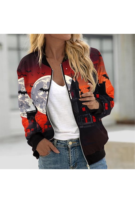 Womens Halloween Bomber Jacket Funny Spooky Ladies Coat Ghost Floral Graphic Cardigan Zip Up Long Sleeve Dressy Tops Moto Biker Windbreaker