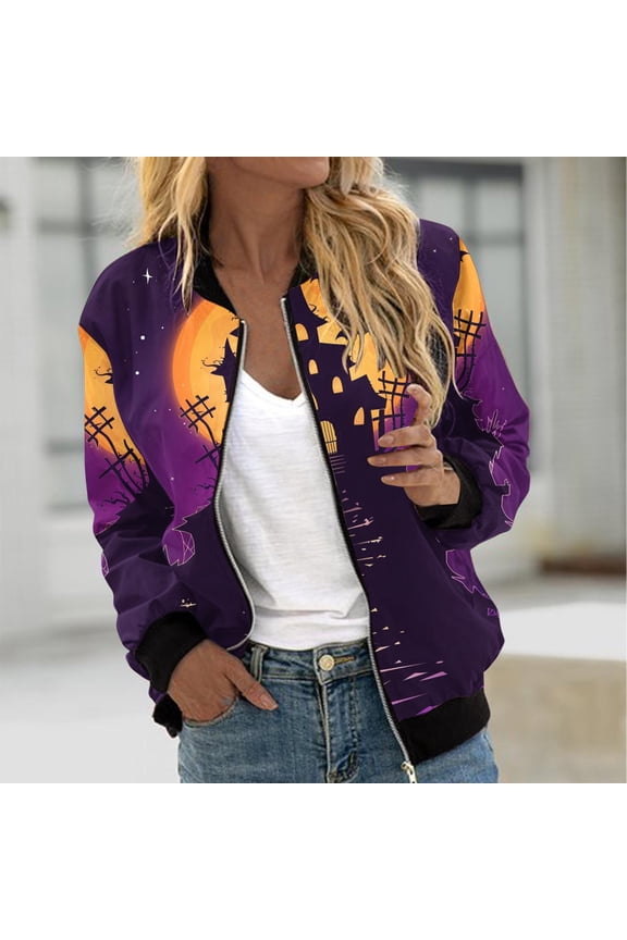 Womens Halloween Bomber Jacket Funny Spooky Ladies Coat Ghost Floral Graphic Cardigan Zip Up Long Sleeve Dressy Tops Moto Biker Windbreaker