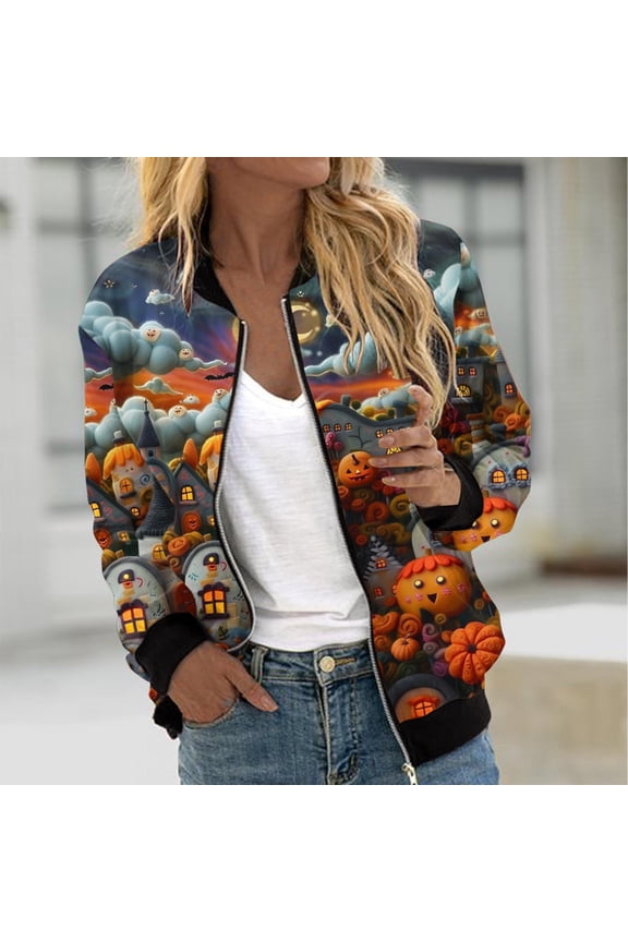Womens Halloween Bomber Jacket Funny Spooky Ladies Coat Ghost Floral Graphic Cardigan Zip Up Long Sleeve Dressy Tops Moto Biker Windbreaker