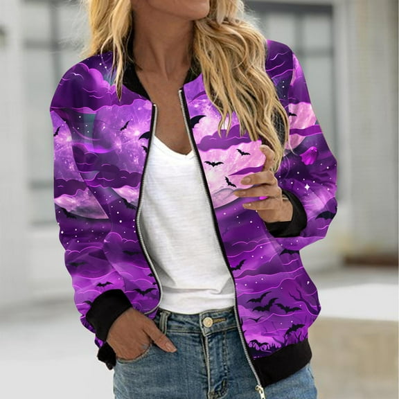 WXLWZYWL Womens Halloween Bomber Jacket Funny Spooky Ladies Coat Ghost Floral Graphic Cardigan Zip Up Long Sleeve Dressy Tops Moto Biker Windbreaker