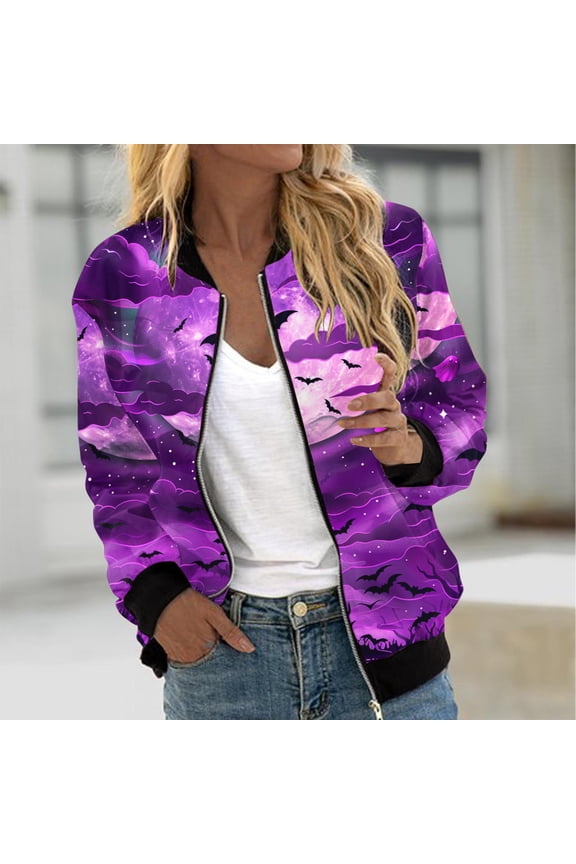 Womens Halloween Bomber Jacket Funny Spooky Ladies Coat Ghost Floral Graphic Cardigan Zip Up Long Sleeve Dressy Tops Moto Biker Windbreaker