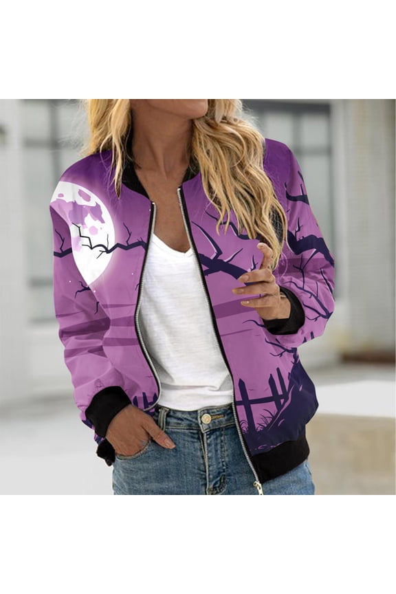 Womens Halloween Bomber Jacket Funny Spooky Ladies Coat Ghost Floral Graphic Cardigan Zip Up Long Sleeve Dressy Tops Moto Biker Windbreaker