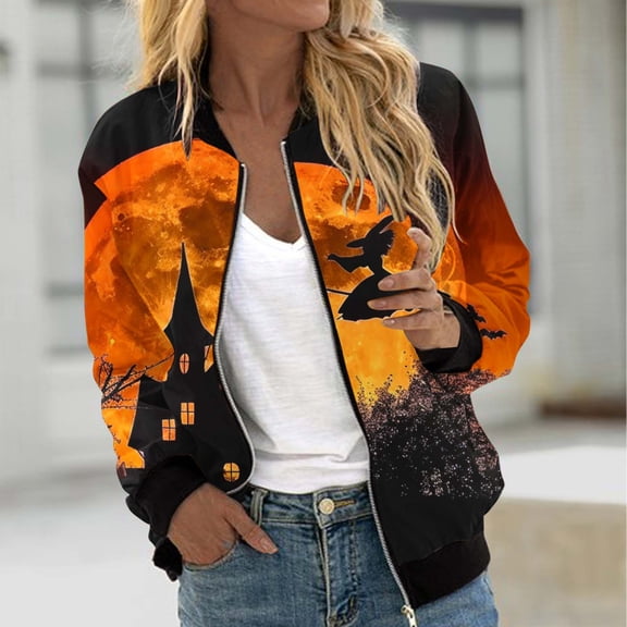 WXLWZYWL Womens Halloween Bomber Jacket Funny Spooky Ladies Coat Ghost Floral Graphic Cardigan Zip Up Long Sleeve Dressy Tops Moto Biker Windbreaker