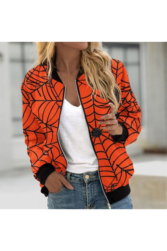 Womens Halloween Bomber Jacket Trendy Pumpkin Ghost Bat Spider Floral Print Casual Coat Zip Up Outerwear Windbreaker with Pockets Stand Collar Fall Clothes