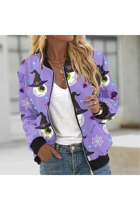 Womens Halloween Bomber Jacket Trendy Pumpkin Ghost Bat Spider Floral Print Casual Coat Zip Up Outerwear Windbreaker with Pockets Stand Collar Fall Clothes