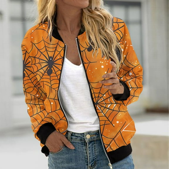 WXLWZYWL Womens Halloween Bomber Jacket Trendy Pumpkin Ghost Bat Spider Floral Print Casual Coat Zip Up Outerwear Windbreaker with Pockets Stand Collar Fall Clothes