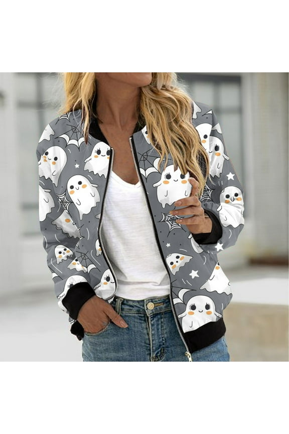 Womens Halloween Bomber Jacket Trendy Pumpkin Ghost Bat Spider Floral Print Casual Coat Zip Up Outerwear Windbreaker with Pockets Stand Collar Fall Clothes