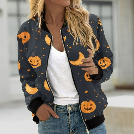 WXLWZYWL Womens Halloween Bomber Jacket Trendy Pumpkin Ghost Bat Spider Floral Print Casual Coat Zip Up Outerwear Windbreaker with Pockets Stand Collar Fall Clothes