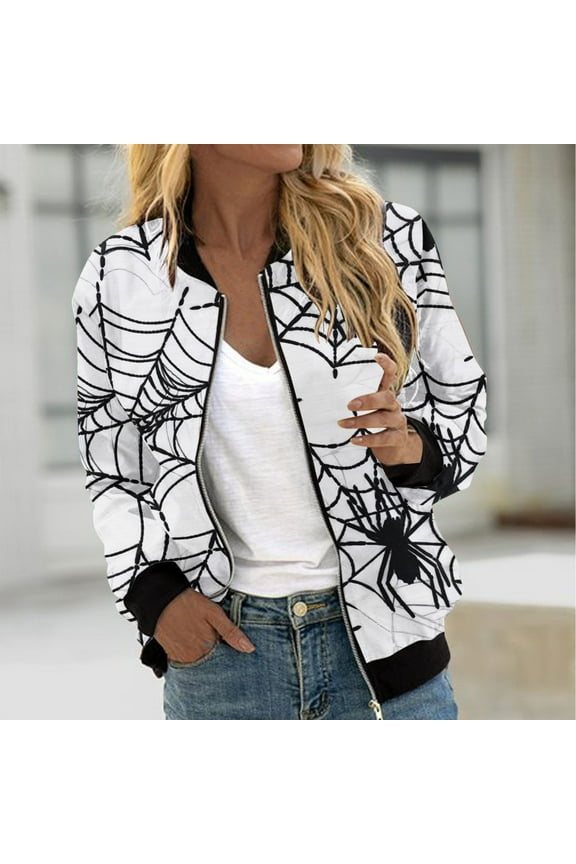 Womens Halloween Bomber Jacket Trendy Pumpkin Ghost Bat Spider Floral Print Casual Coat Zip Up Outerwear Windbreaker with Pockets Stand Collar Fall Clothes