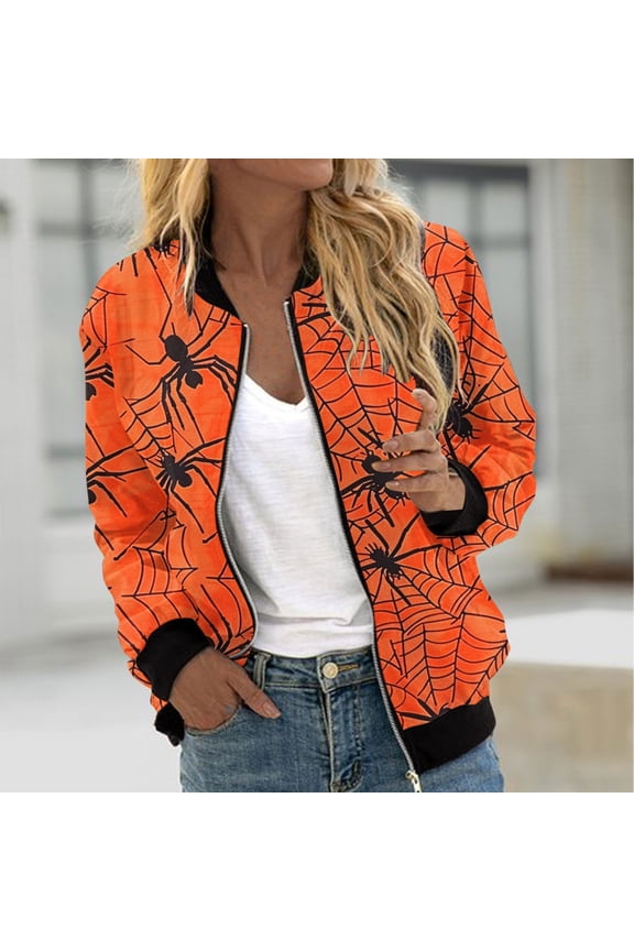 Womens Halloween Bomber Jacket Trendy Pumpkin Ghost Bat Spider Floral Print Casual Coat Zip Up Outerwear Windbreaker with Pockets Stand Collar Fall Clothes