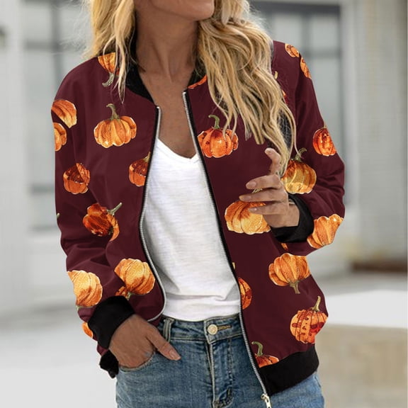 WXLWZYWL Womens Halloween Bomber Jacket Trendy Pumpkin Ghost Bat Spider Floral Print Casual Coat Zip Up Outerwear Windbreaker with Pockets Stand Collar Fall Clothes