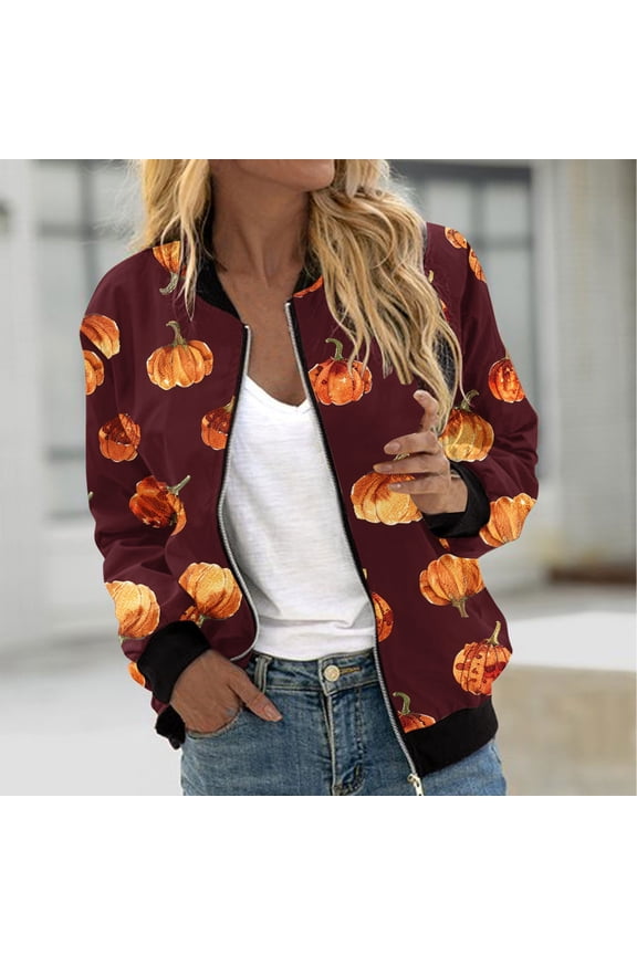 Womens Halloween Bomber Jacket Trendy Pumpkin Ghost Bat Spider Floral Print Casual Coat Zip Up Outerwear Windbreaker with Pockets Stand Collar Fall Clothes