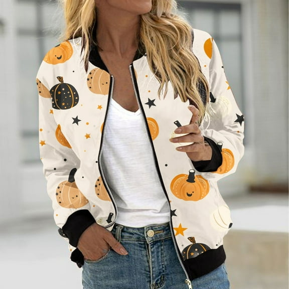 WXLWZYWL Womens Halloween Bomber Jacket Trendy Pumpkin Ghost Bat Spider Floral Print Casual Coat Zip Up Outerwear Windbreaker with Pockets Stand Collar Fall Clothes