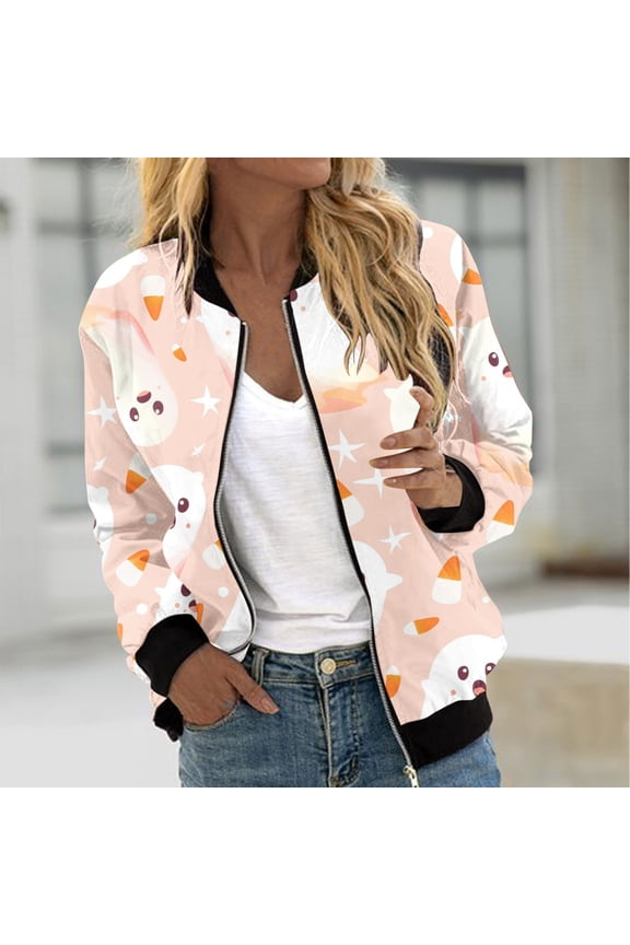 Womens Halloween Bomber Jacket Trendy Pumpkin Ghost Bat Spider Floral Print Casual Coat Zip Up Outerwear Windbreaker with Pockets Stand Collar Fall Clothes
