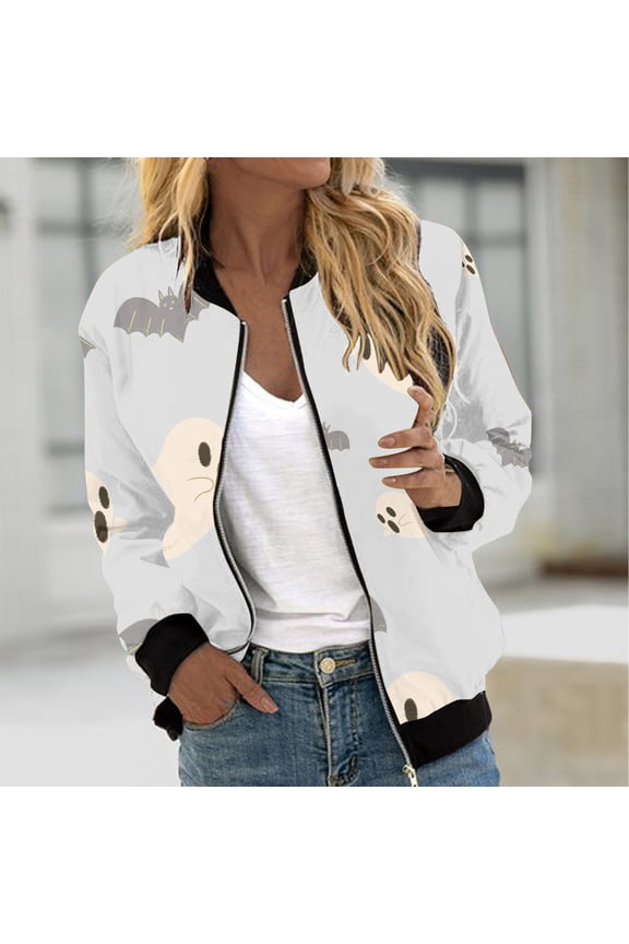 Womens Halloween Bomber Jacket Trendy Pumpkin Ghost Bat Spider Floral Print Casual Coat Zip Up Outerwear Windbreaker with Pockets Stand Collar Fall Clothes