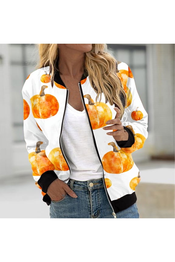 Womens Halloween Bomber Jacket Trendy Pumpkin Ghost Bat Spider Floral Print Casual Coat Zip Up Outerwear Windbreaker with Pockets Stand Collar Fall Clothes