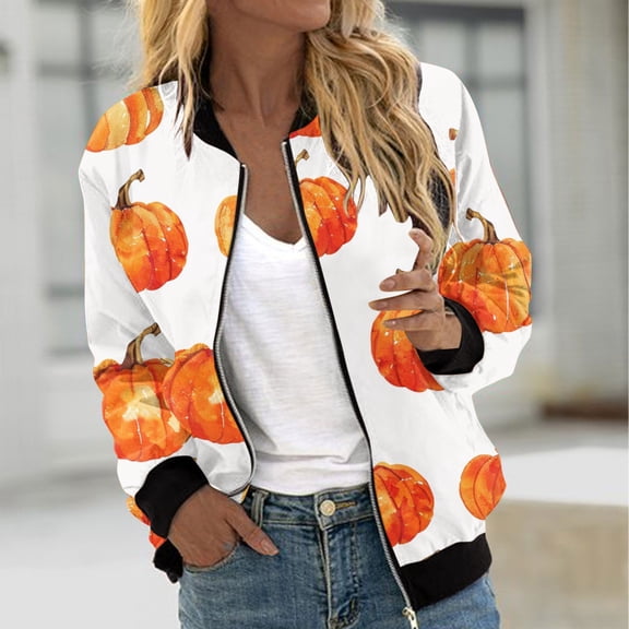 WXLWZYWL Womens Halloween Bomber Jacket Trendy Pumpkin Ghost Bat Spider Floral Print Casual Coat Zip Up Outerwear Windbreaker with Pockets Stand Collar Fall Clothes