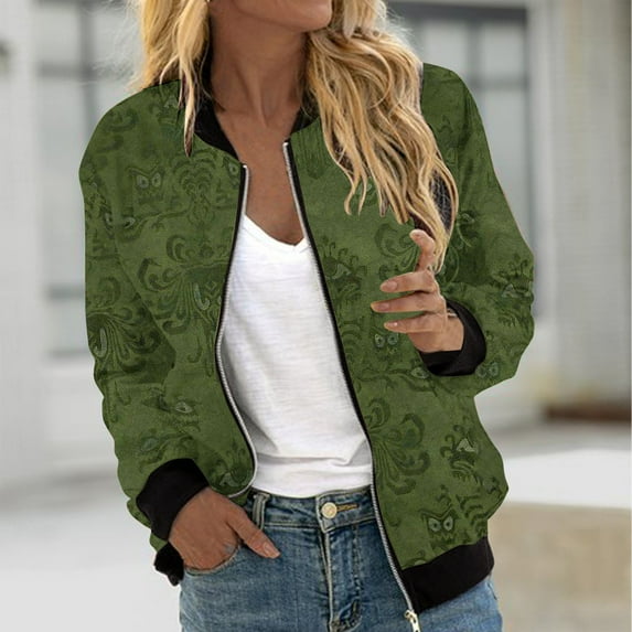 WXLWZYWL Womens Halloween Bomber Jacket Trendy Pumpkin Ghost Bat Spider Floral Print Casual Coat Zip Up Outerwear Windbreaker with Pockets Stand Collar Fall Clothes