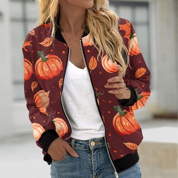 WXLWZYWL Womens Halloween Bomber Jacket Trendy Pumpkin Ghost Bat Spider Floral Print Casual Coat Zip Up Outerwear Windbreaker with Pockets Stand Collar Fall Clothes