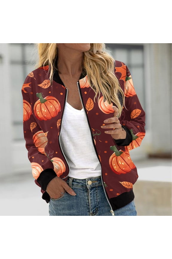 Womens Halloween Bomber Jacket Trendy Pumpkin Ghost Bat Spider Floral Print Casual Coat Zip Up Outerwear Windbreaker with Pockets Stand Collar Fall Clothes
