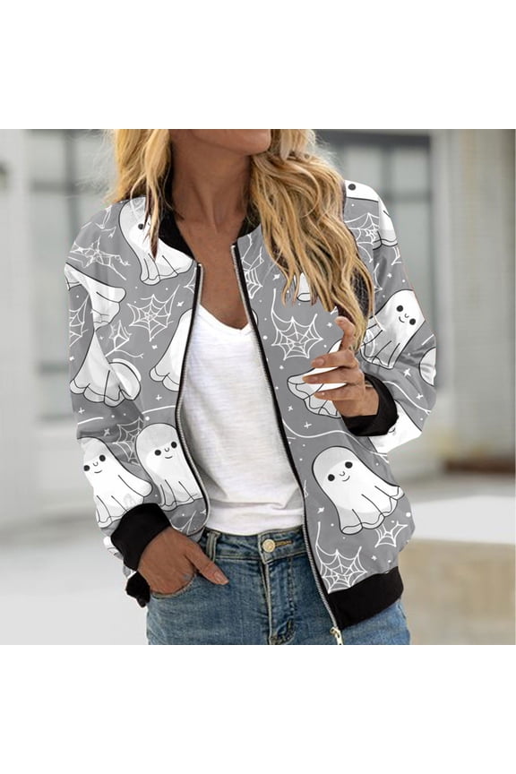 Womens Halloween Bomber Jacket Trendy Pumpkin Ghost Bat Spider Floral Print Casual Coat Zip Up Outerwear Windbreaker with Pockets Stand Collar Fall Clothes