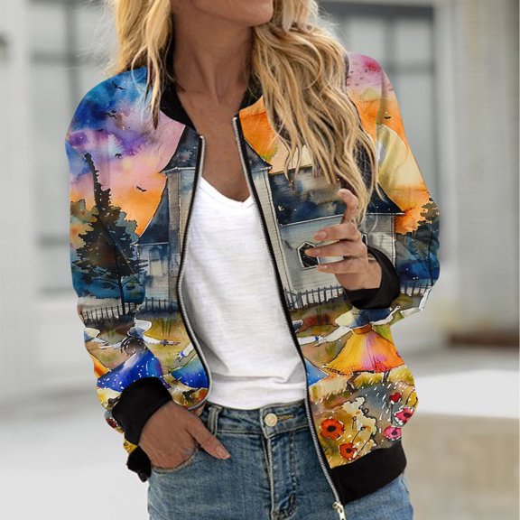 WXLWZYWL Womens Halloween Bomber Jacket Trendy Pumpkin Ghost Bat Spider Floral Print Casual Coat Zip Up Outerwear Windbreaker with Pockets Stand Collar Fall Clothes