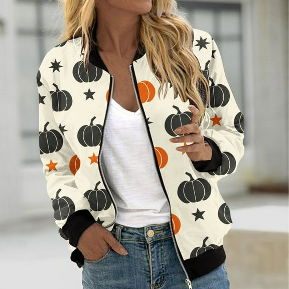 WXLWZYWL Womens Halloween Bomber Jacket Trendy Pumpkin Ghost Bat Spider Floral Print Casual Coat Zip Up Outerwear Windbreaker with Pockets Stand Collar Fall Clothes