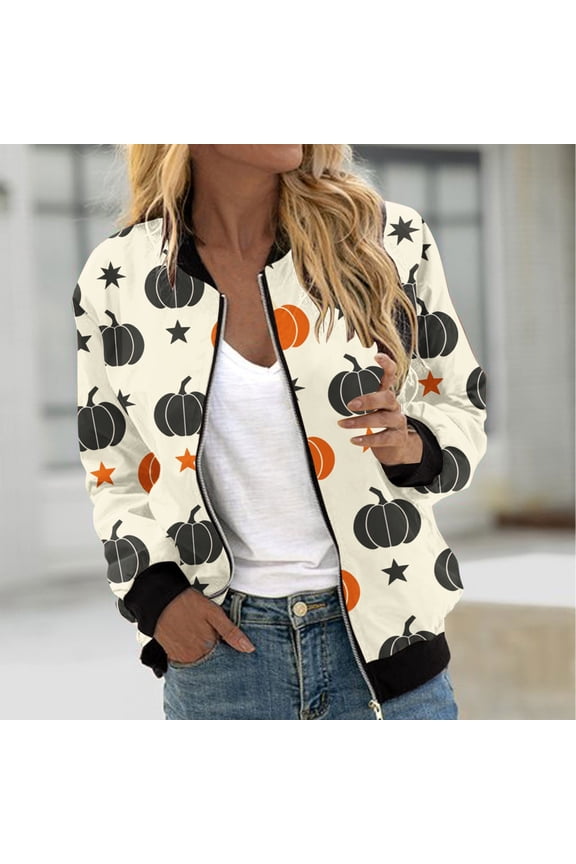 Womens Halloween Bomber Jacket Trendy Pumpkin Ghost Bat Spider Floral Print Casual Coat Zip Up Outerwear Windbreaker with Pockets Stand Collar Fall Clothes
