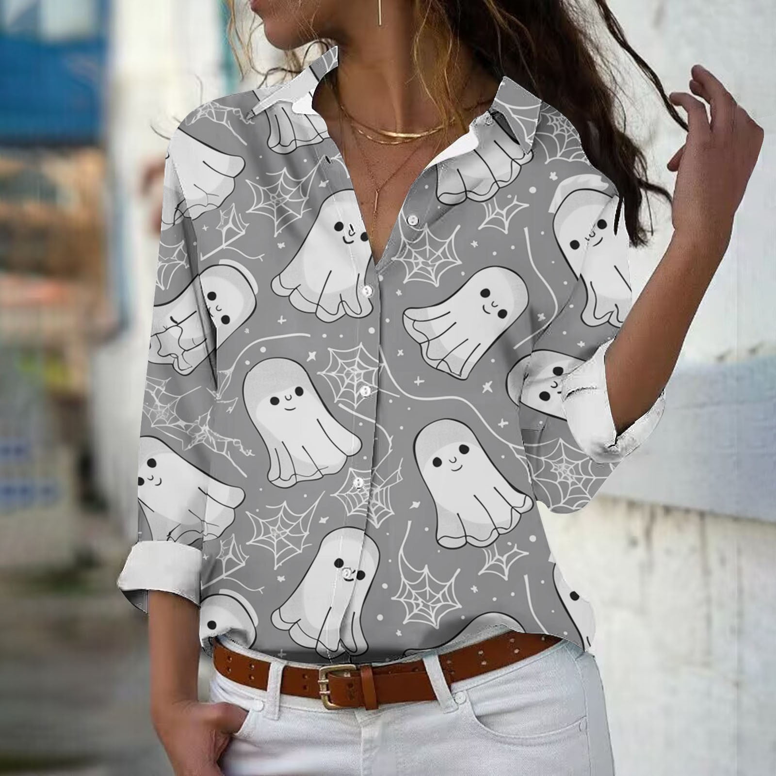 WXLWZYWL Womens Halloween Button Down Shirts Long Sleeve