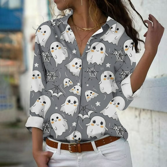 WXLWZYWL Womens Halloween Button Down Shirts Long Sleeve Cute Ghost Spooky Pumpkin Bat Witch Graphic Blouses Casual Shirts Fall 2024