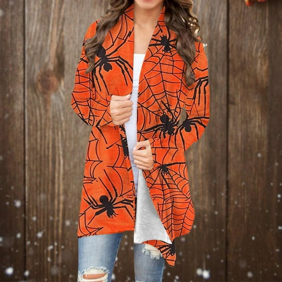 WXLWZYWL Womens Halloween Costumes 2024, Cute Pumpkin Ghost Bat Cat Spider Printed Long Sleeve Cardigan Sweaters for Women Lightweight