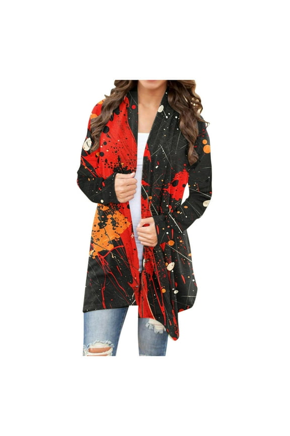 Womens Halloween Costumes 2024, Cute Pumpkin Ghost Bat Cat Spider Printed Long Sleeve Cardigan Sweaters for Women Lightweight