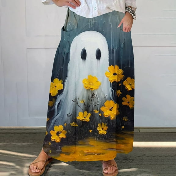 WXLWZYWL Womens Halloween Dress Plus Size Halloween Candy Corn Cones Women Printed Elastic Waistband Pleated Pocket Skirt with Mid Calf Skirt