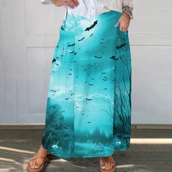 WXLWZYWL Womens Halloween Dress Plus Size Halloween Candy Corn Cones Women Printed Elastic Waistband Pleated Pocket Skirt with Mid Calf Skirt