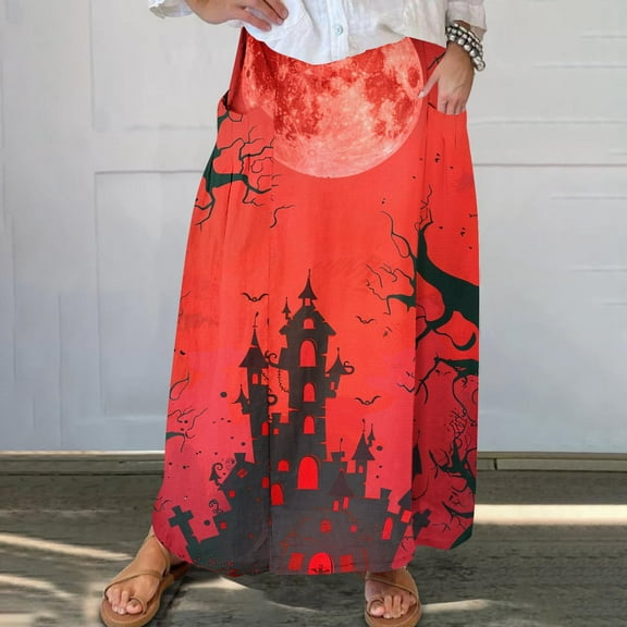 WXLWZYWL Womens Halloween Dress Plus Size Halloween Candy Corn Cones Women Printed Elastic Waistband Pleated Pocket Skirt with Mid Calf Skirt