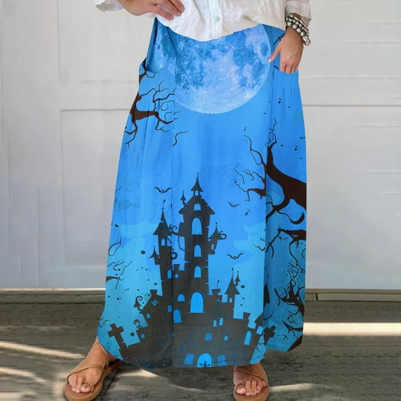 WXLWZYWL Womens Halloween Dress Plus Size Halloween Candy Corn Cones Women Printed Elastic Waistband Pleated Pocket Skirt with Mid Calf Skirt