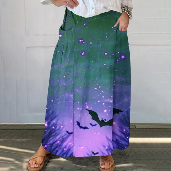 WXLWZYWL Womens Halloween Dress Plus Size Halloween Candy Corn Cones Women Printed Elastic Waistband Pleated Pocket Skirt with Mid Calf Skirt