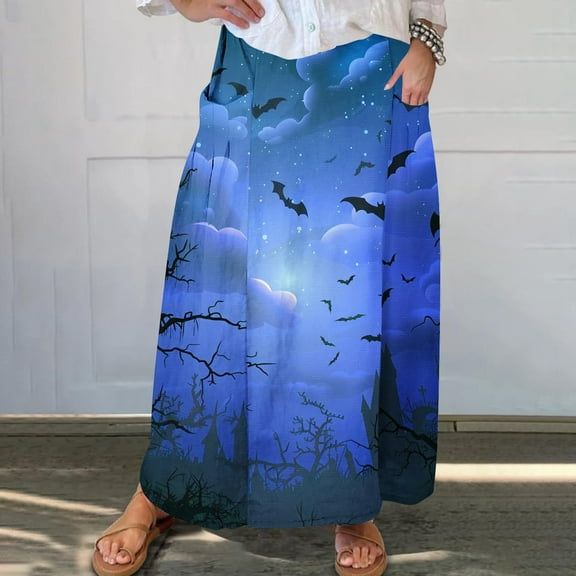 WXLWZYWL Womens Halloween Dress Plus Size Halloween Candy Corn Cones Women Printed Elastic Waistband Pleated Pocket Skirt with Mid Calf Skirt