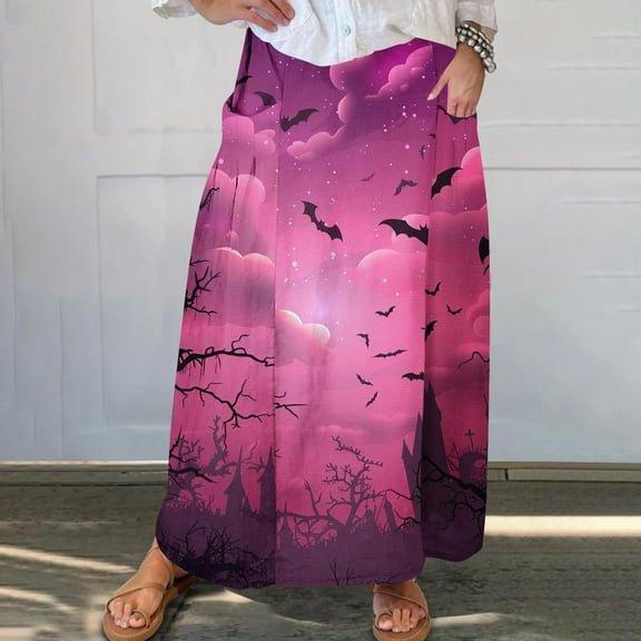 WXLWZYWL Womens Halloween Dress Plus Size Halloween Candy Corn Cones Women Printed Elastic Waistband Pleated Pocket Skirt with Mid Calf Skirt