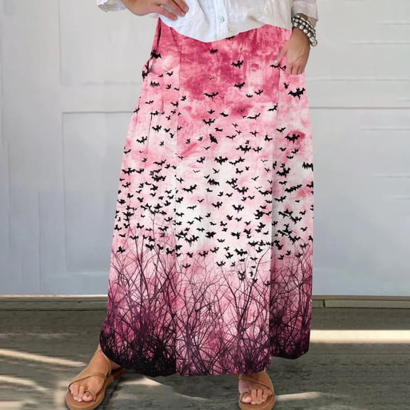 WXLWZYWL Womens Halloween Dress Plus Size Halloween Candy Corn Cones Women Printed Elastic Waistband Pleated Pocket Skirt with Mid Calf Skirt