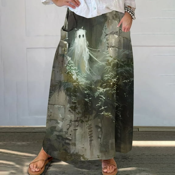 WXLWZYWL Womens Halloween Dress Plus Size Halloween Candy Corn Cones Women Printed Elastic Waistband Pleated Pocket Skirt with Mid Calf Skirt
