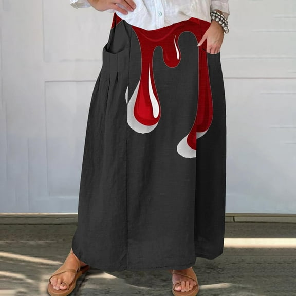 WXLWZYWL Womens Halloween Dress Plus Size Halloween Candy Corn Cones Women Printed Elastic Waistband Pleated Pocket Skirt with Mid Calf Skirt