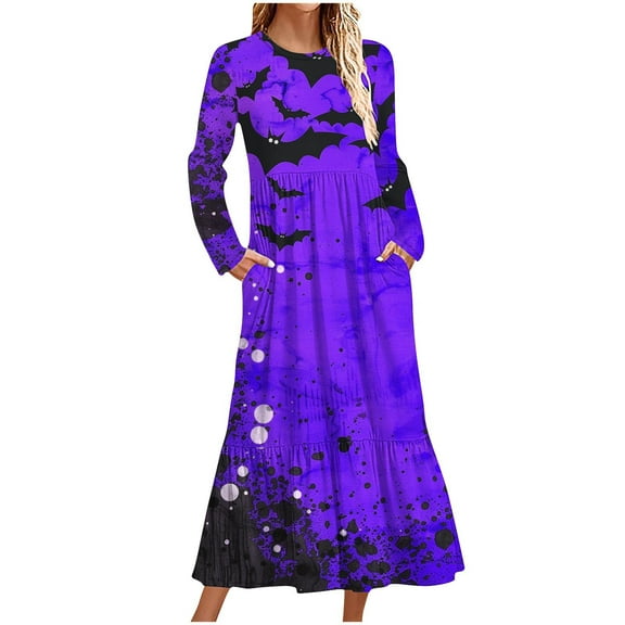 WXLWZYWL Womens Halloween Dress Plus Size Womens Dresses Fall 2024 Floral Printed Long Dress Long Sleeve Round Neck Sundress