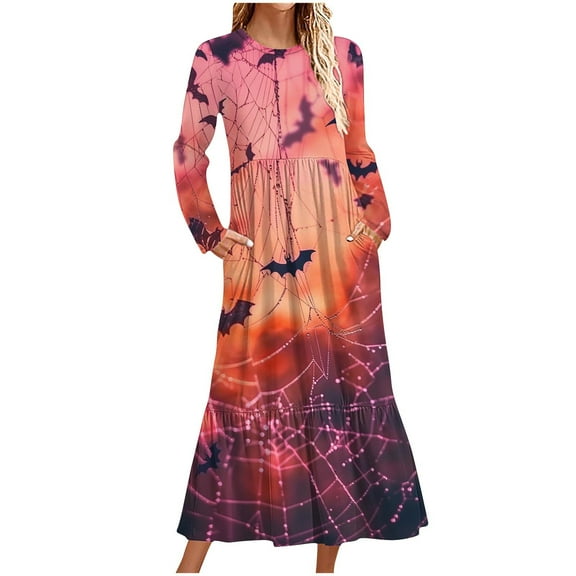 WXLWZYWL Womens Halloween Dress Plus Size Womens Dresses Fall 2024 Floral Printed Long Dress Long Sleeve Round Neck Sundress