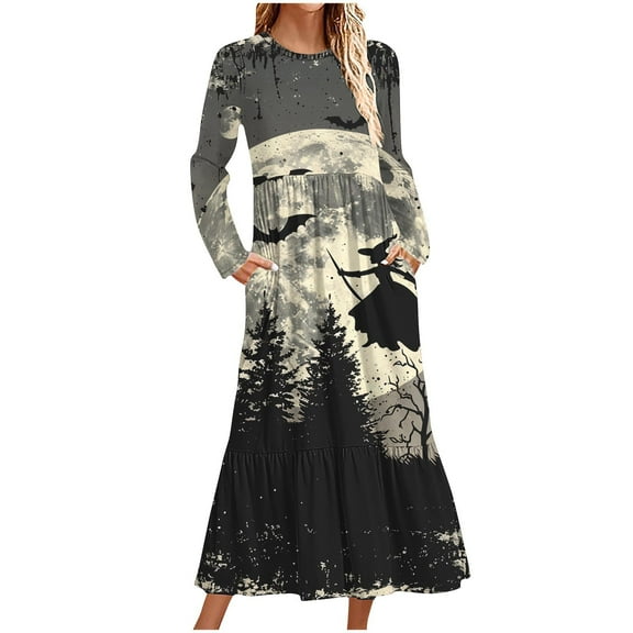 WXLWZYWL Womens Halloween Dress Plus Size Womens Dresses Fall 2024 Floral Printed Long Dress Long Sleeve Round Neck Sundress