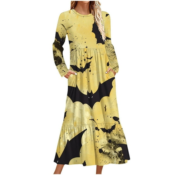 WXLWZYWL Womens Halloween Dress Plus Size Womens Dresses Fall 2024 Floral Printed Long Dress Long Sleeve Round Neck Sundress