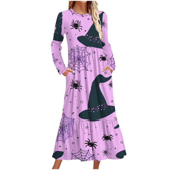 WXLWZYWL Womens Halloween Dress Plus Size Womens Dresses Fall 2024 Floral Printed Long Dress Long Sleeve Round Neck Sundress
