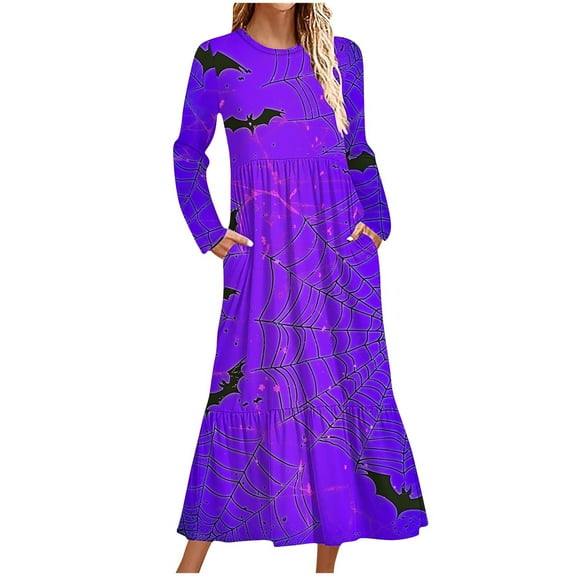 WXLWZYWL Womens Halloween Dress Plus Size Womens Dresses Fall 2024 Floral Printed Long Dress Long Sleeve Round Neck Sundress
