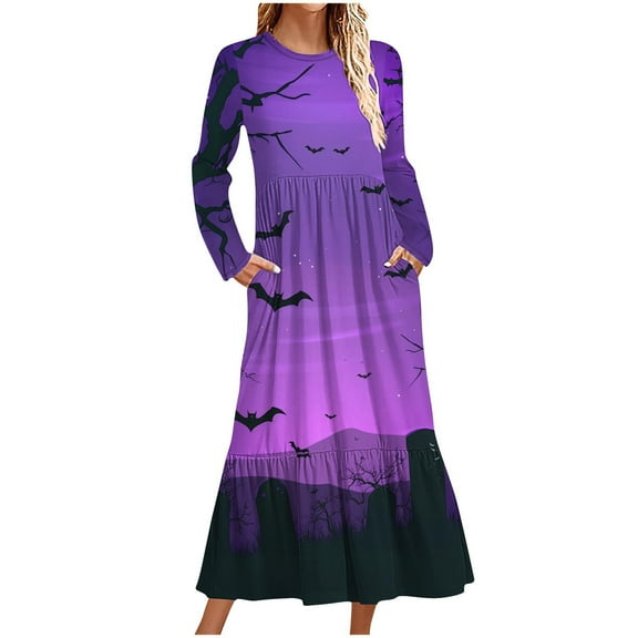 WXLWZYWL Womens Halloween Dress Plus Size Womens Dresses Fall 2024 Floral Printed Long Dress Long Sleeve Round Neck Sundress